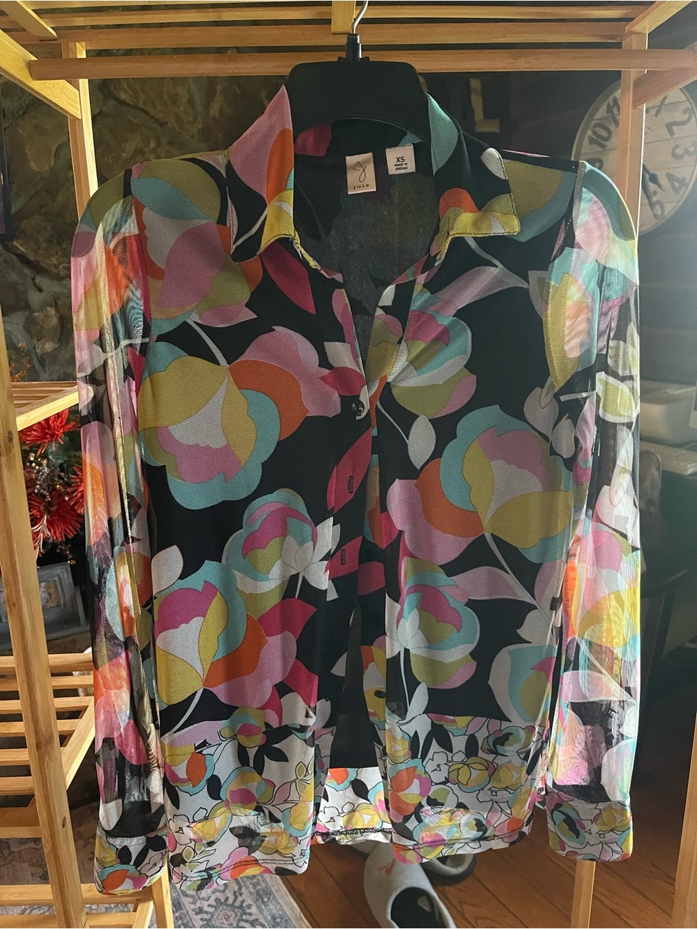 Joie Black Sheer Floral Button-Up Blouse with Multicolor Blooms